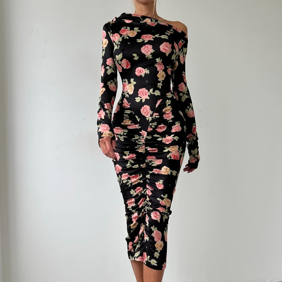 High Waist Asymmetric Full Sleeve Midi Pencil Dress