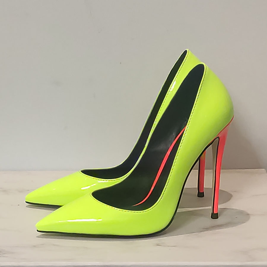 Thin Heeled High Heels, European and American Pointed Patent Leather Color Matching Light Cut Large Size Single Shoes