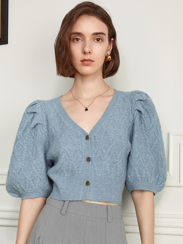 Plain Acrylic Plunge Puffed Button-Front Fitted Cardigan