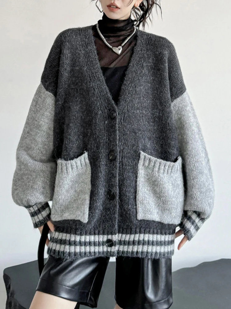 Two-Tone Oversized Deep V Cardigan