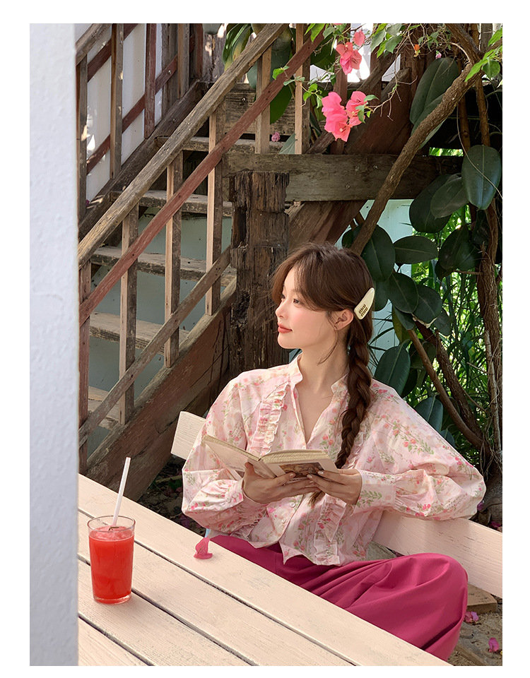 V-Neck Long Sleeve Girlfriend Fragmented Flowers Shirt