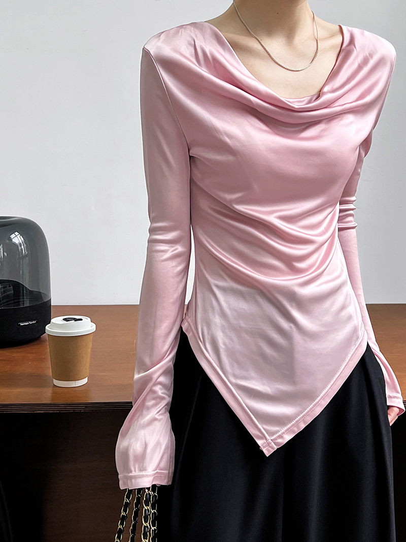 Women Slim Solid Cowl Neck Elongated Sleeve Tee