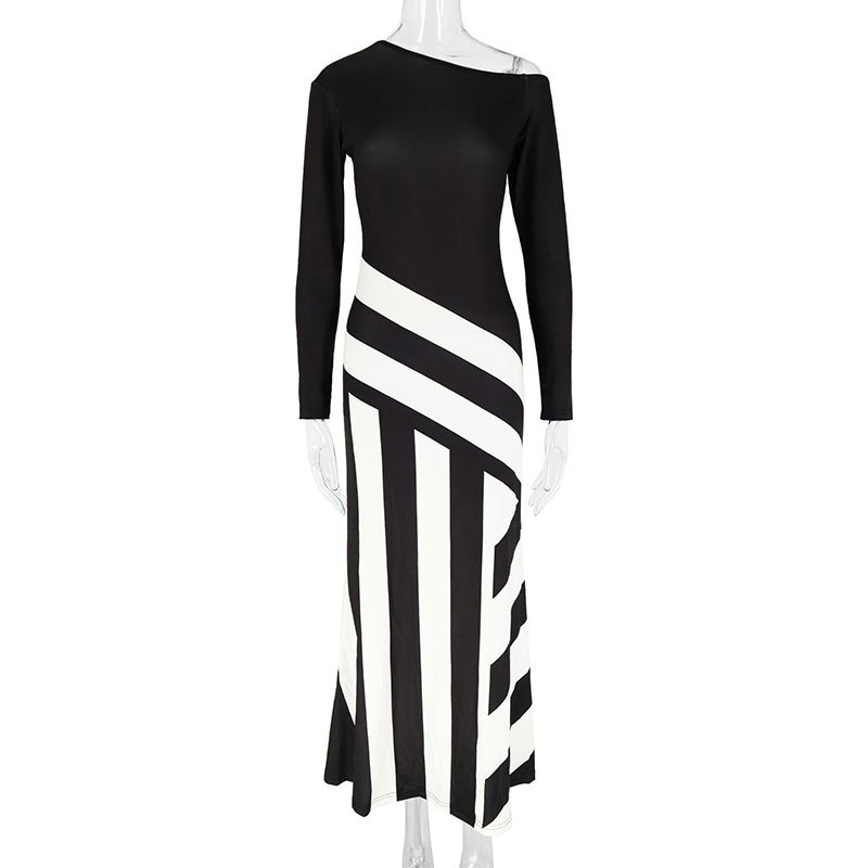 Ladies Long Sleeve Polyester Asymmetric Pattern Dress