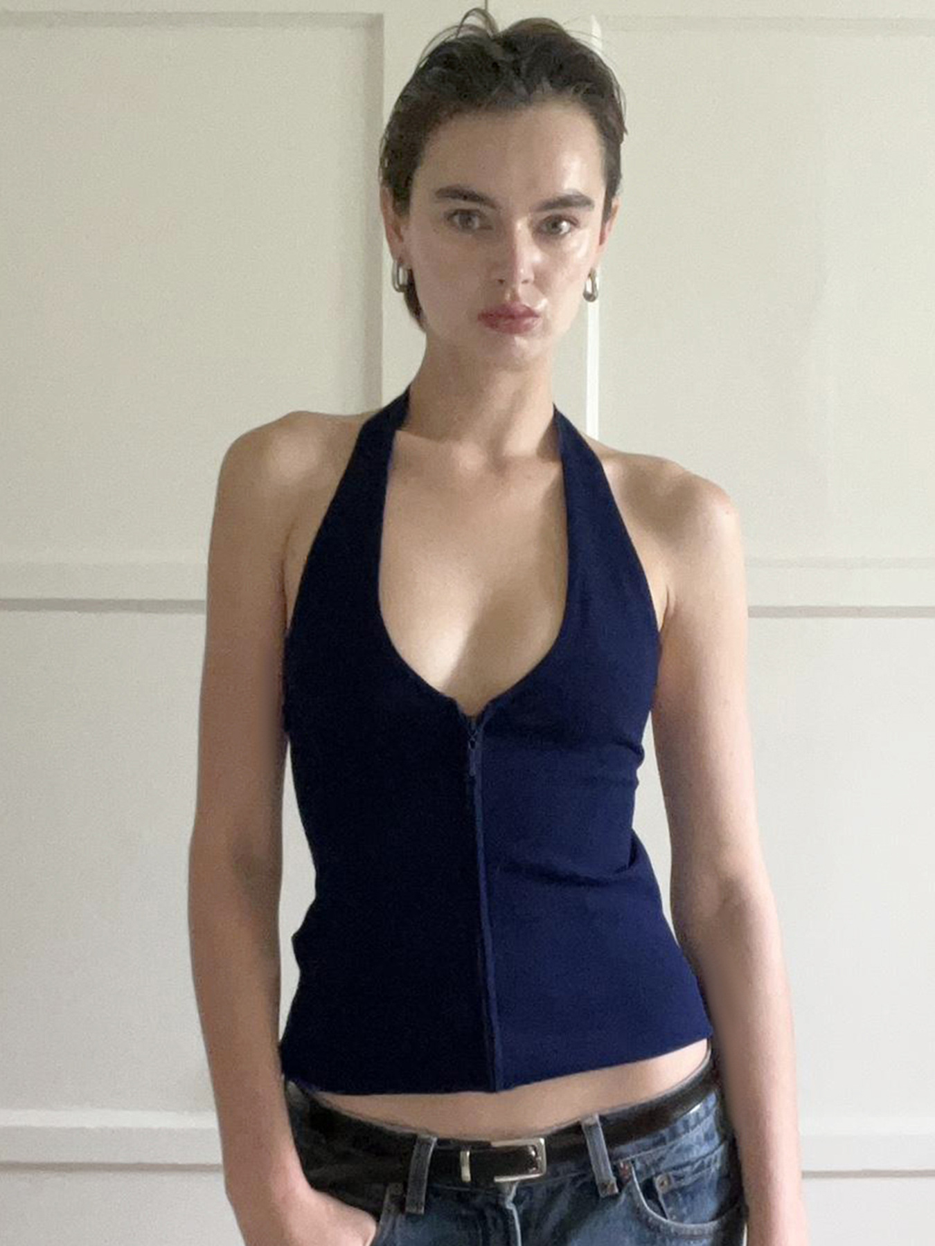 Sexy Low-Cut Zipper Halter Knitted Strap Women's Pure Color Versatile Elegant Slim Top