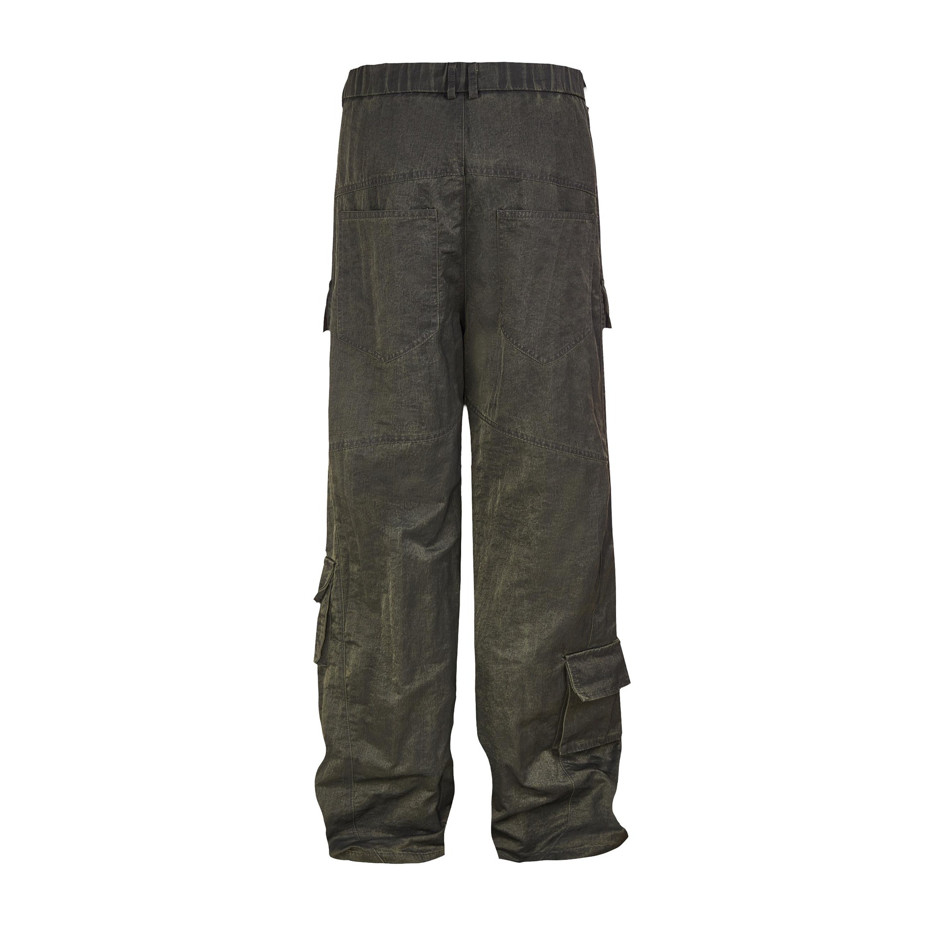 Pleated Layered Design Military Green Multi-Pocket Button Cargo Casual Trousers for Men and Women