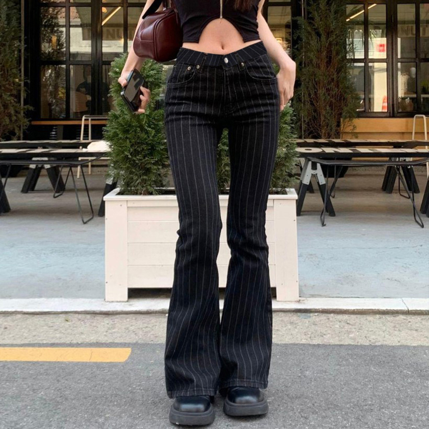 Striped contrasting horn slightly spicy low waist straight leg denim
