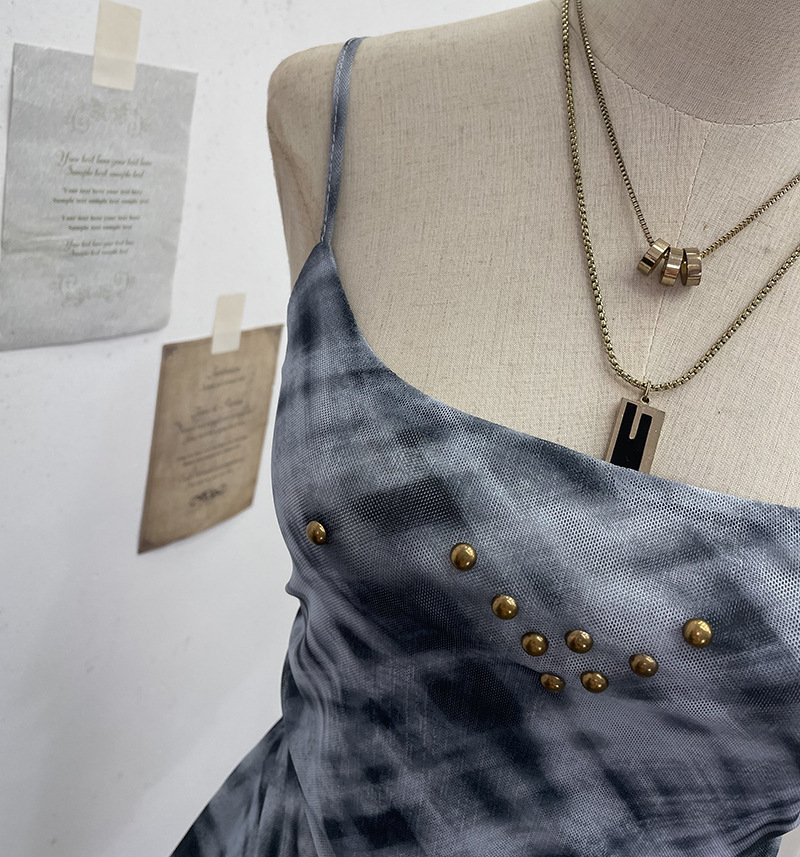 Irregular Rivet Mesh Camisole Dress with Ruffle Strap Sleeveless Top
