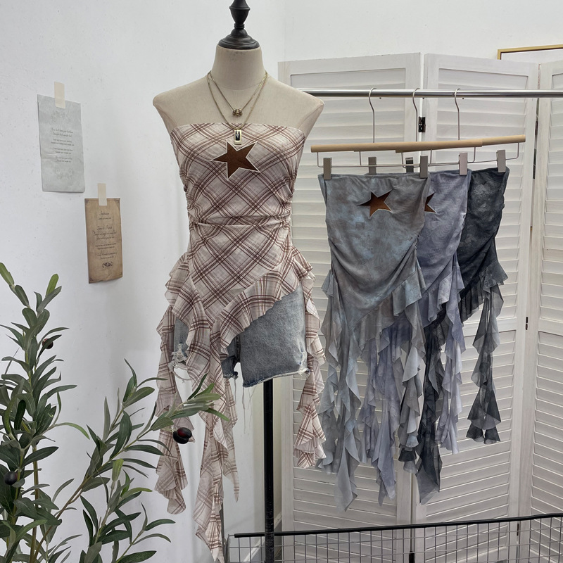 Sultry Asymmetric Plaid Mesh Strapless Top