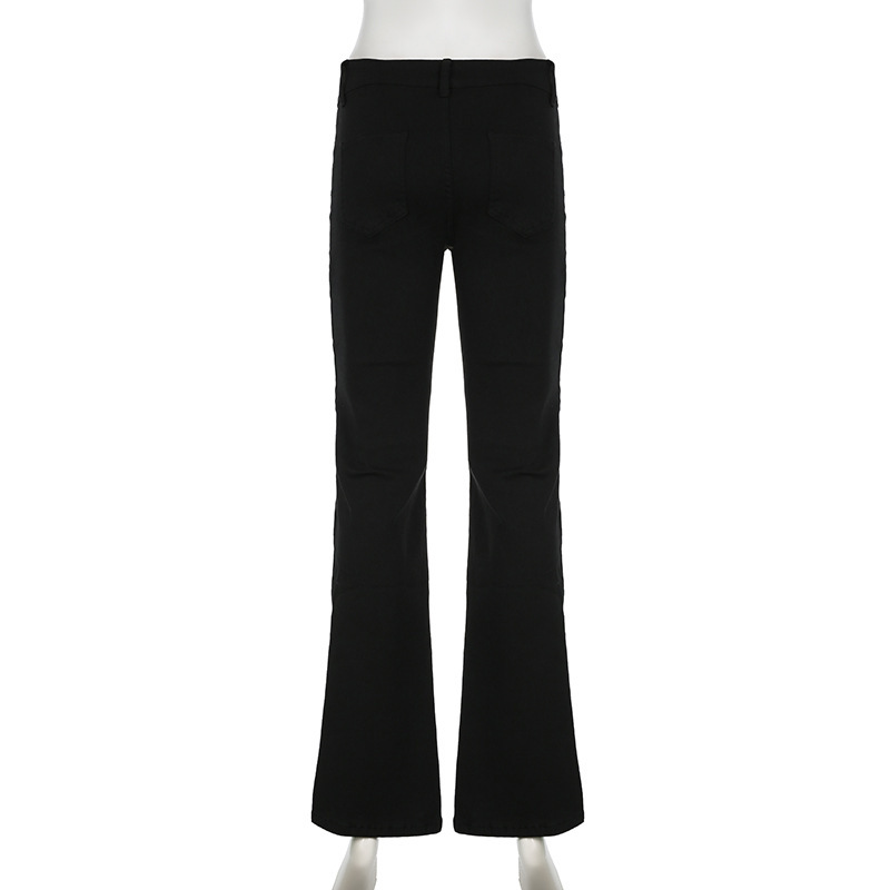 Retro trendy solid color horn low waist zipper denim pants