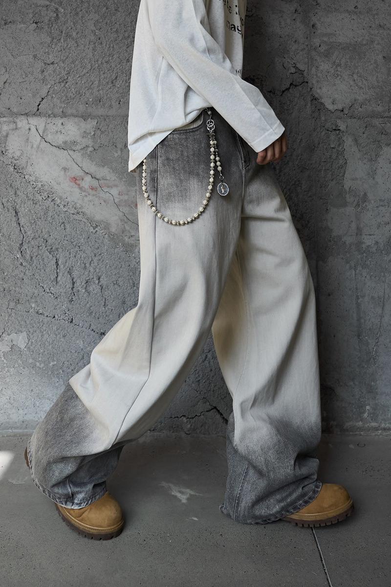 Streetwear Hip-Hop Style Gradient Color Wide-Leg Denim Pants Straight Leg Design Retro Knife-Edge Floor-Length Trousers
