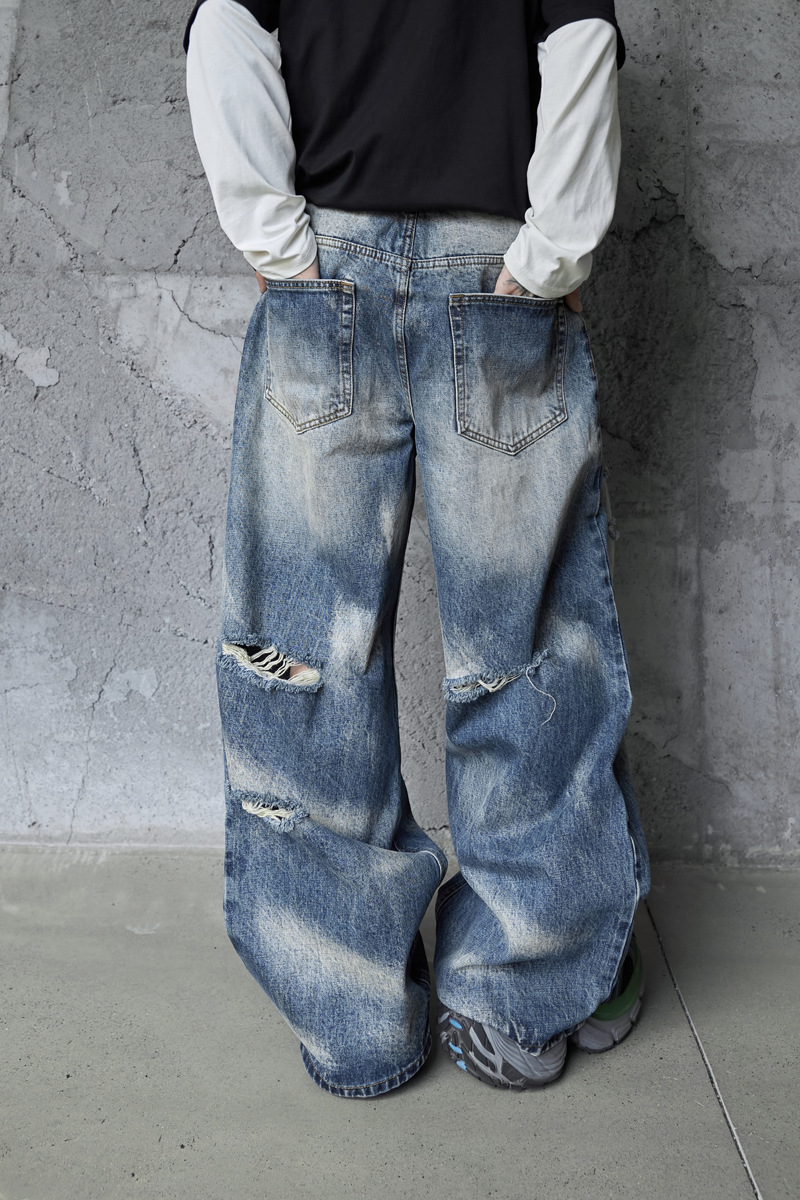 Vintage Personality Design Ripped Streetwear Loose Fit Jeans Men Hip Hop Distressed Wide Leg Long Pants