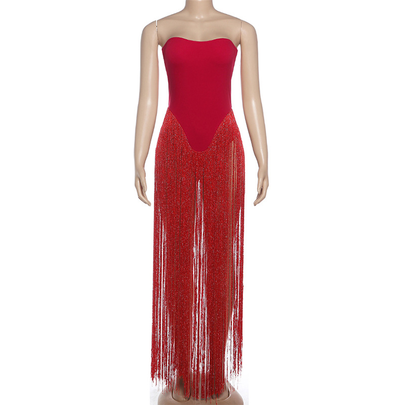 Raised-Waist Open Back Bandeau Fitted Tassel Jumpsuit