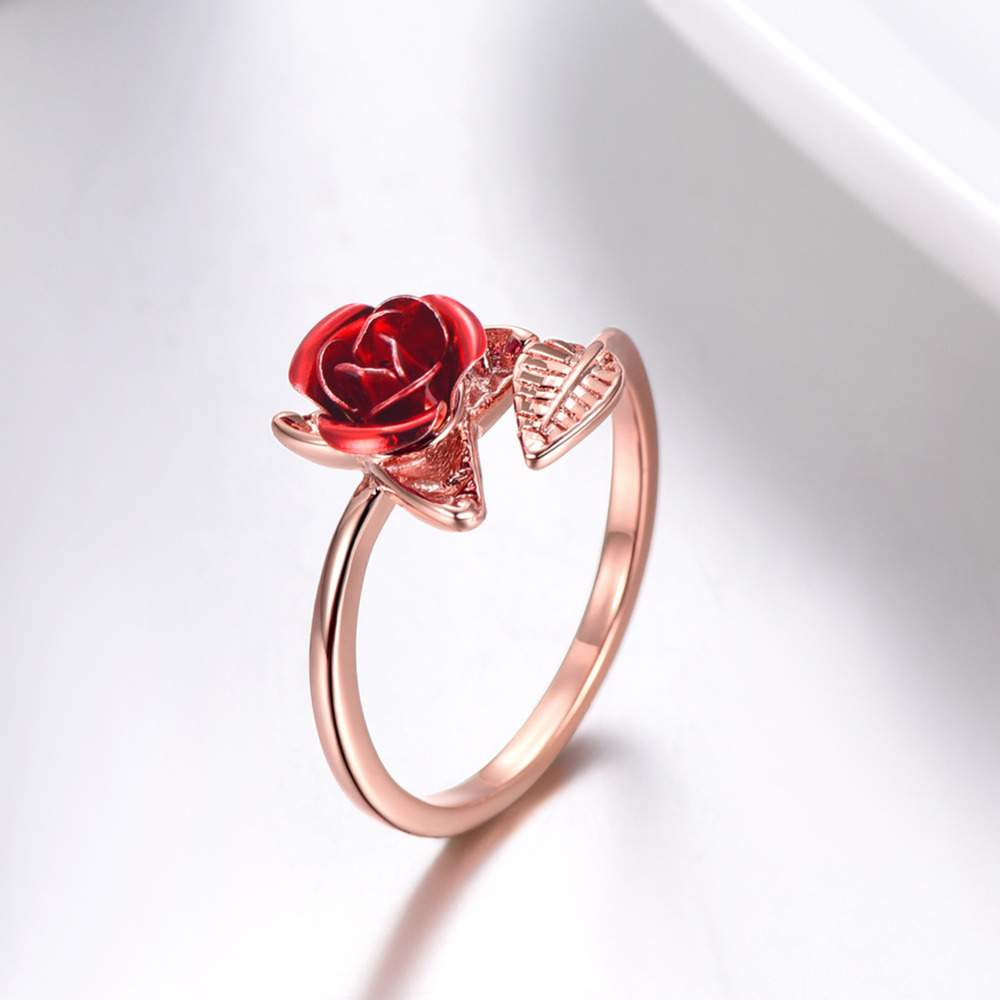 U7 Red Rose Garden Flower Leaves Resizable Finger Rings for Women Valentine's Day Gift Jewelry Hot Sale Open Ring R1019