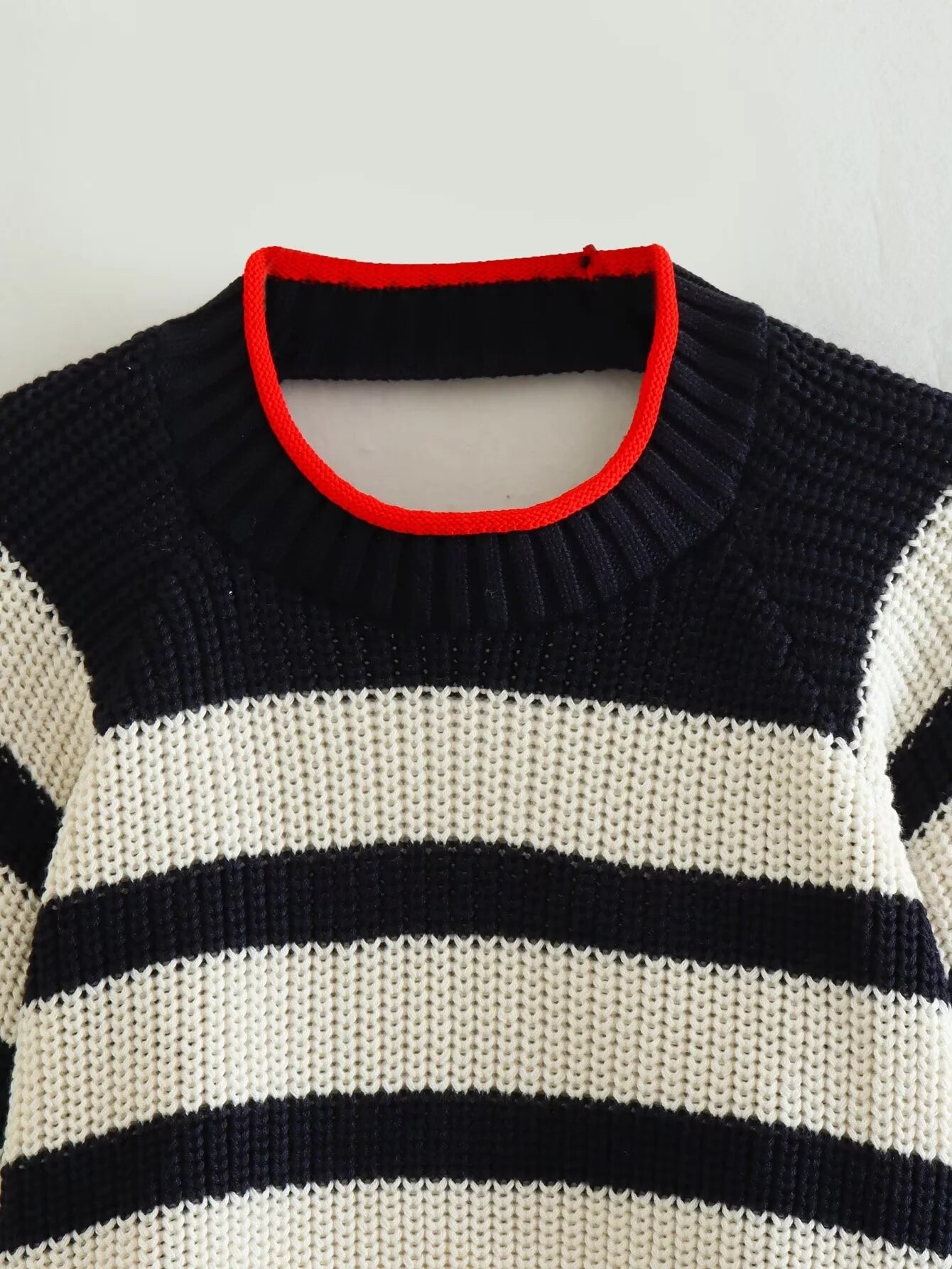 Women's Striped Knit Crewneck Open Back Wrist-Length Sweater