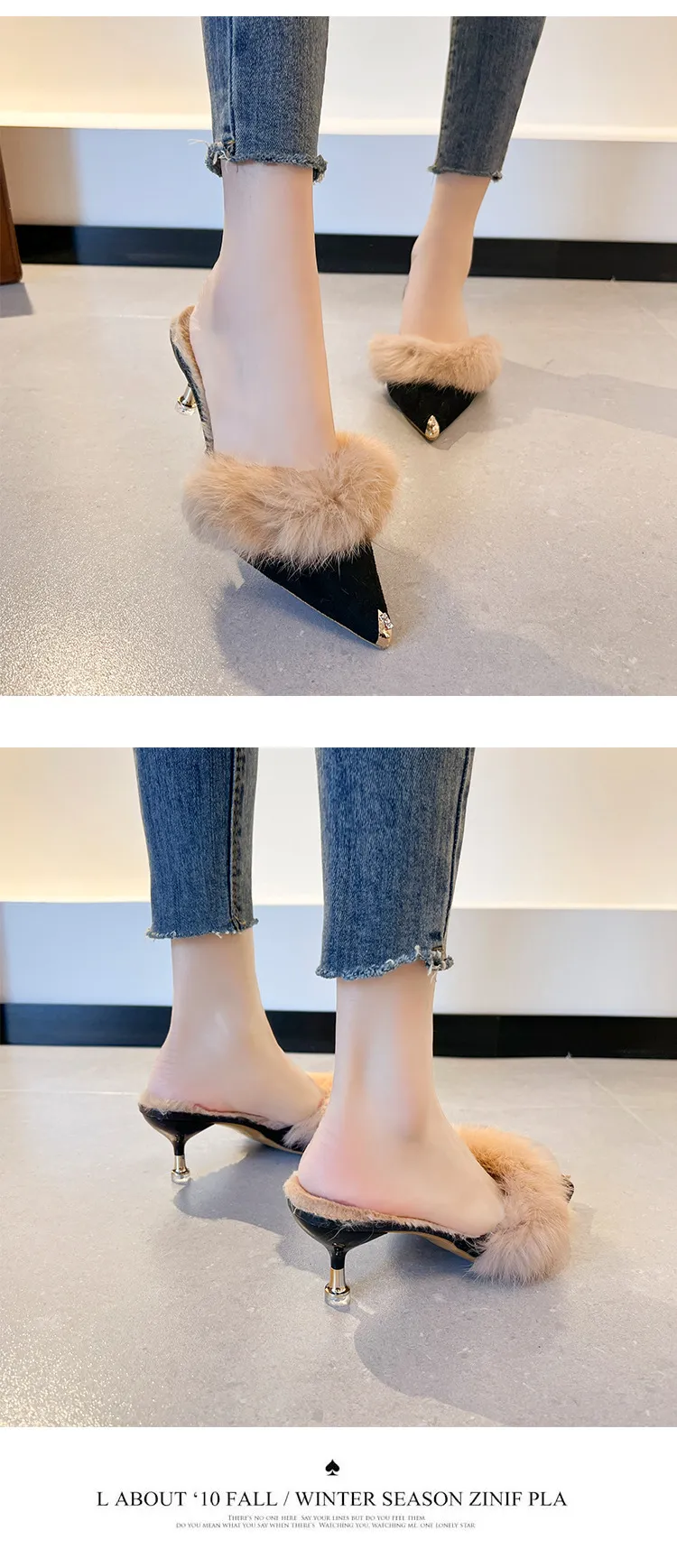 Women High Heel Shoes Fur Slippers Mules Pointed Toe Furry Slides Fashion Elegant Luxury Designer Flip Flops Office Pumps