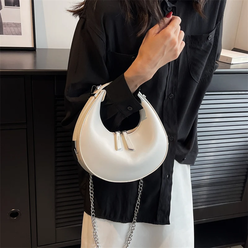 Small Silver Leather Crossbody Bags for Women Trend Underarm Handbags and Purses Chain Armpit Shoulder Side Bags