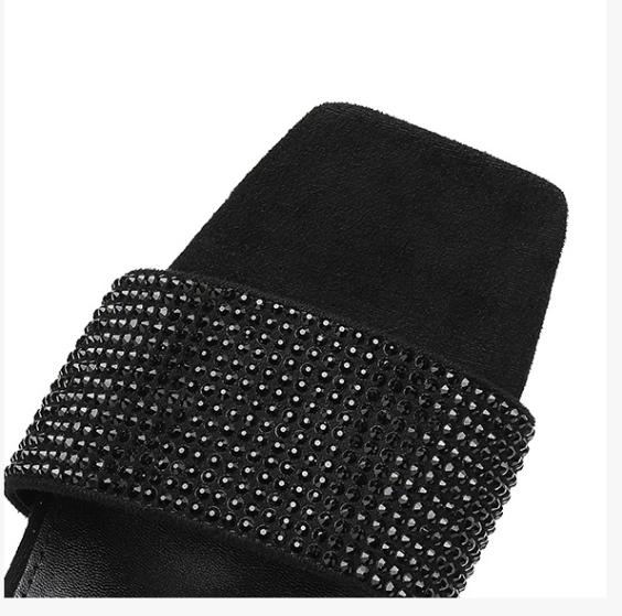 Square toe black rhinestone strap sandals stiletto high heel sandals for women