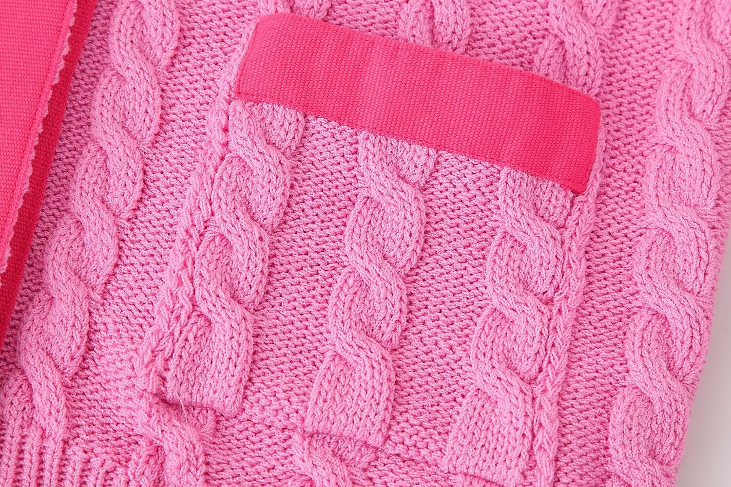 Round neck contrasting color open knit sweater patchwork jacket top