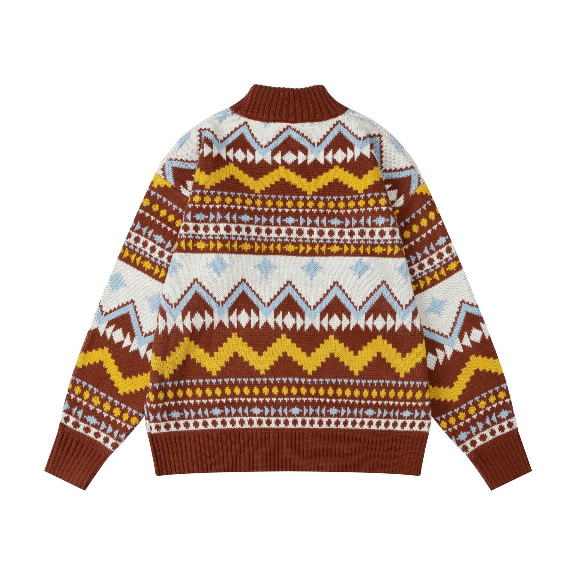 Retro Print Long Sleeve Stand Collar Sweater