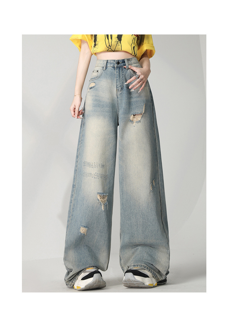 Retro Distressed Washed Ripped Jeans Women Loose High Waist Slim Wide Leg Floor-Length Pants