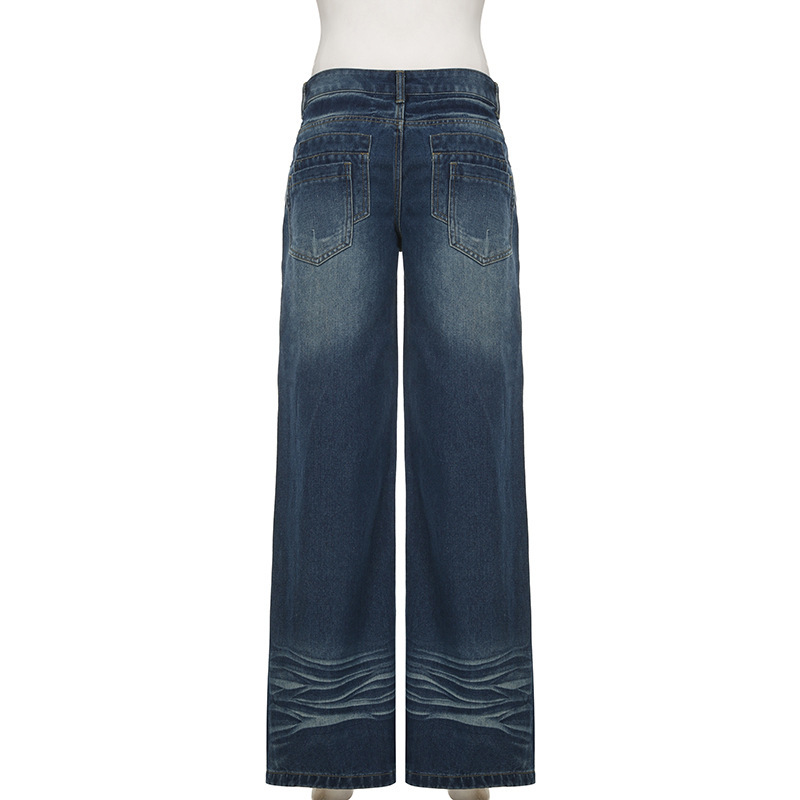 Vintage pleated washed denim jeans with loose fit and low waisted design for the street