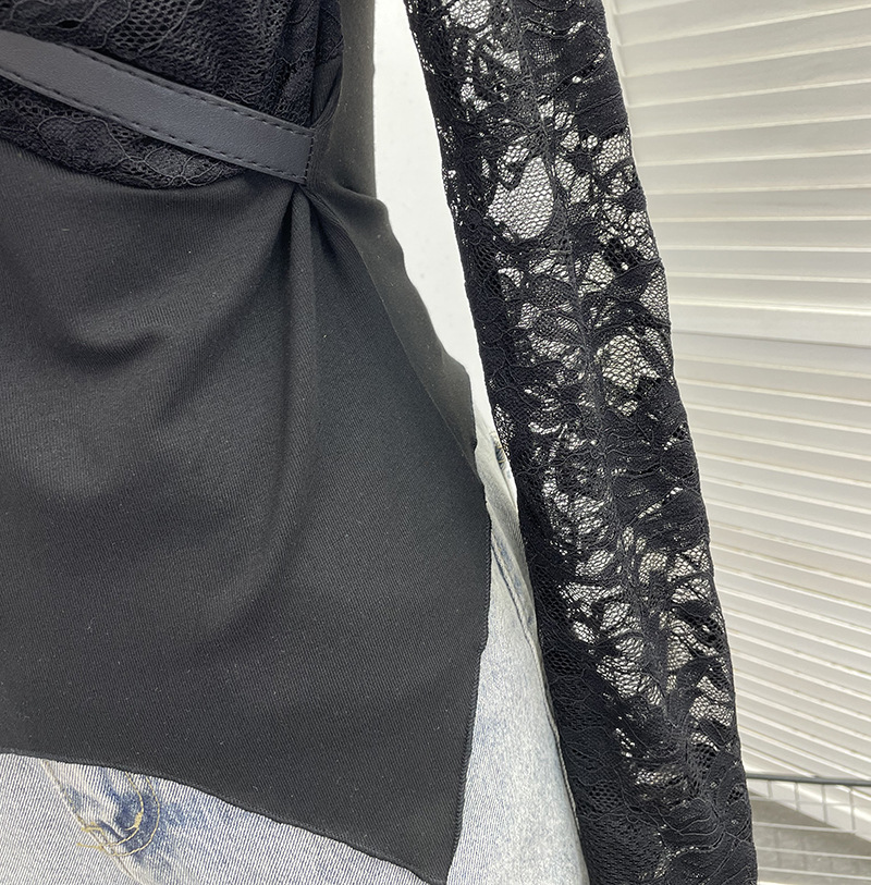 Plunging Wrist-Length Cropped Asymmetric Hem Cinch-Waist Top