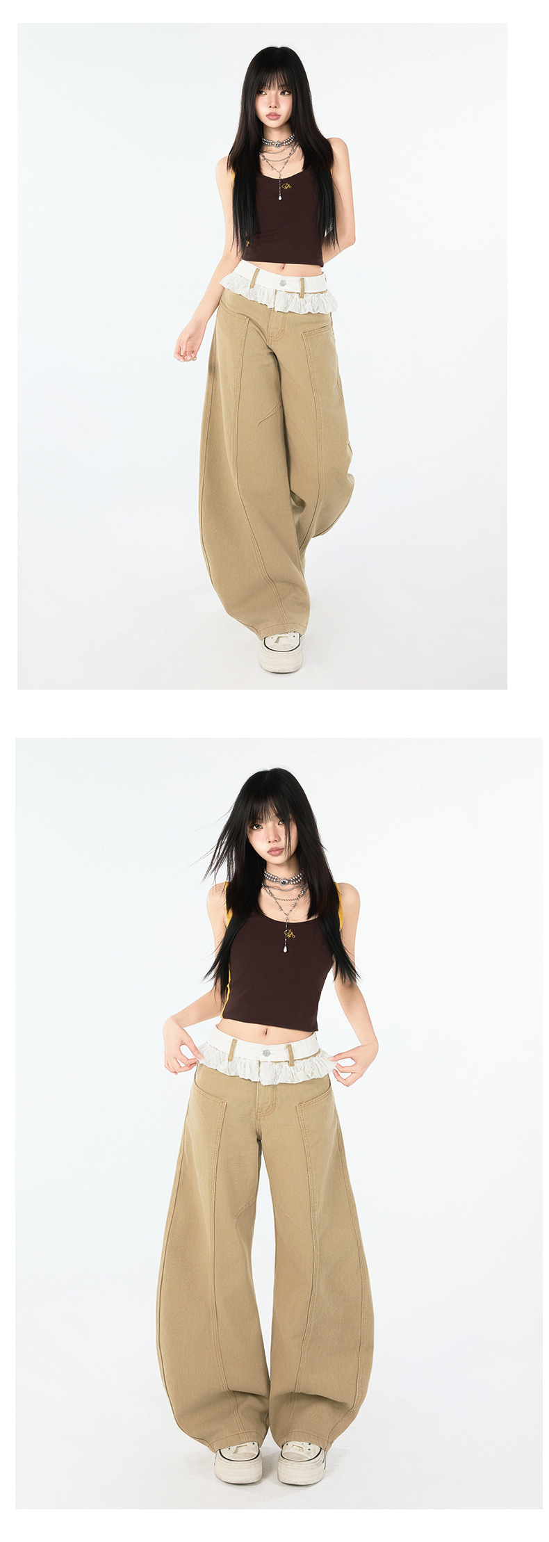 Women's Denim Pants with Lace Hem Design for Body Flare Trousers