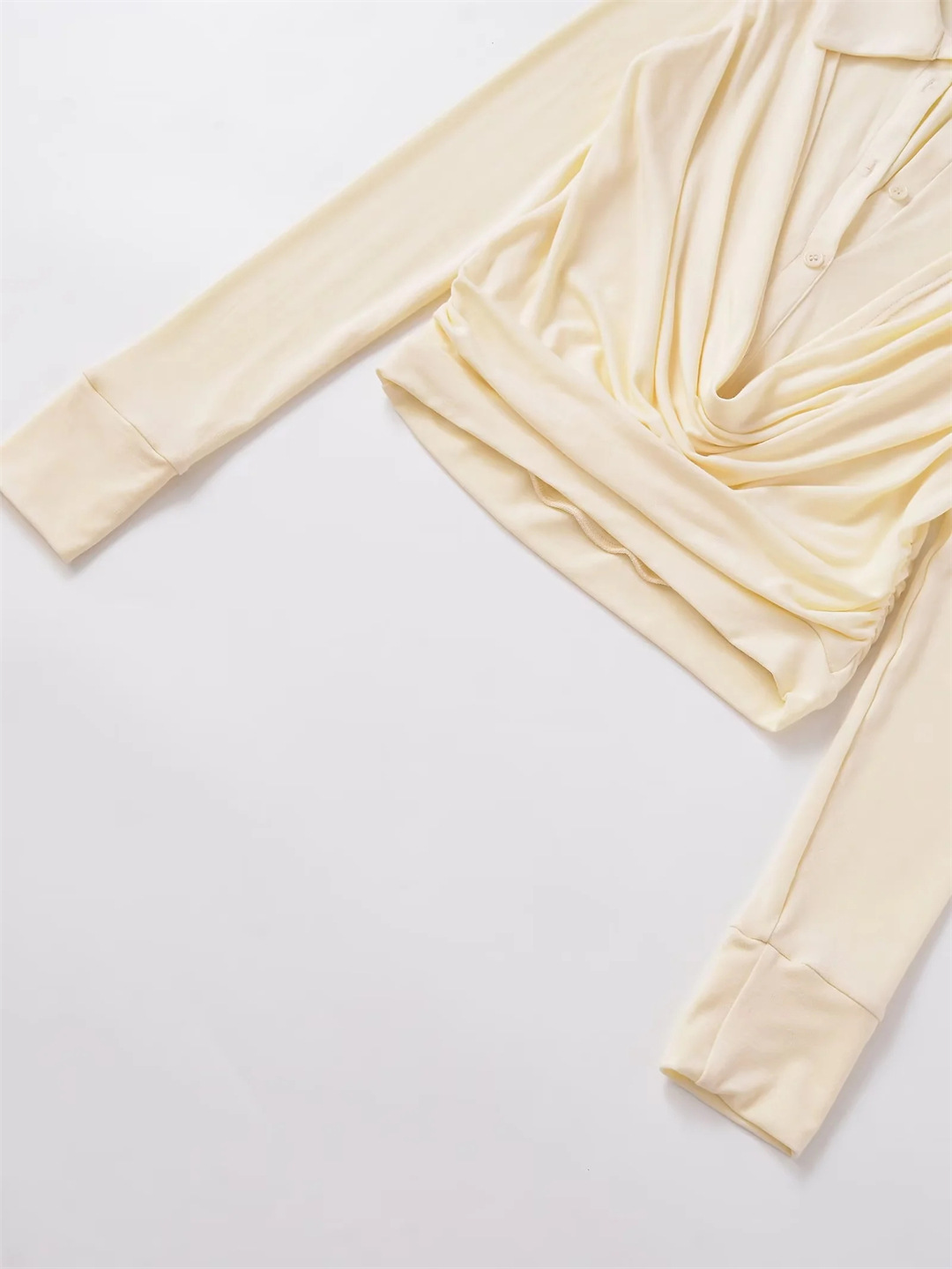 Plain Full-Arm Dropped-Neck Frill Double-Layer Slim-Fit Cropped Tee