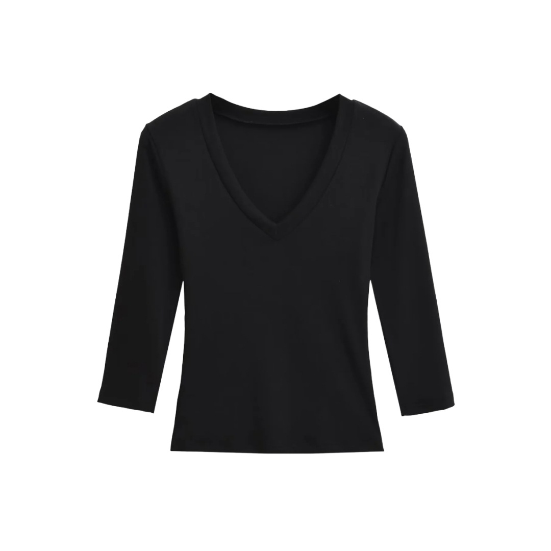Ladies Streetwear Plain Stretch Elbow-Length Plunge Layering Tee