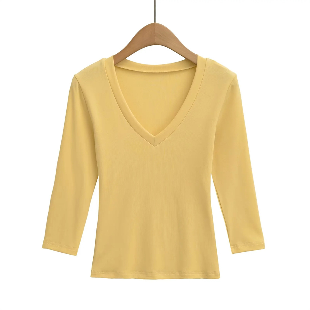 Ladies Streetwear Plain Stretch Elbow-Length Plunge Layering Tee