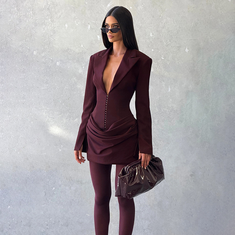 Long Sleeve Plunging Neckline High Rise Mini Dress