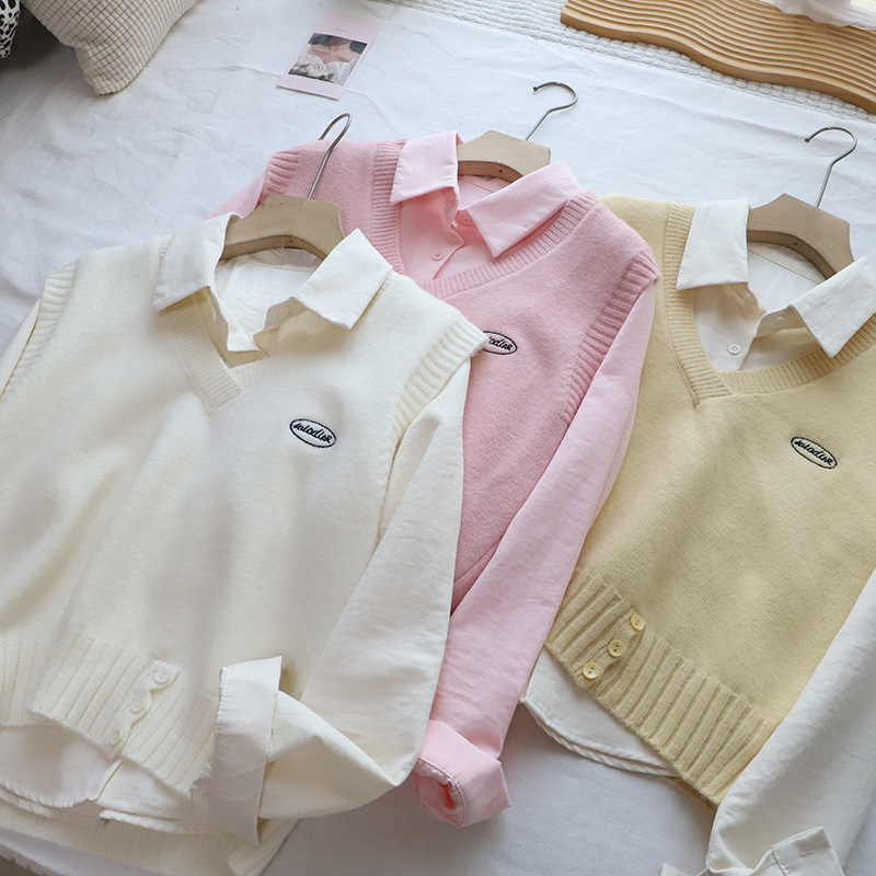 Fashion Two-Piece Set Shirt + Letter Embroidered Knit Vest for Women