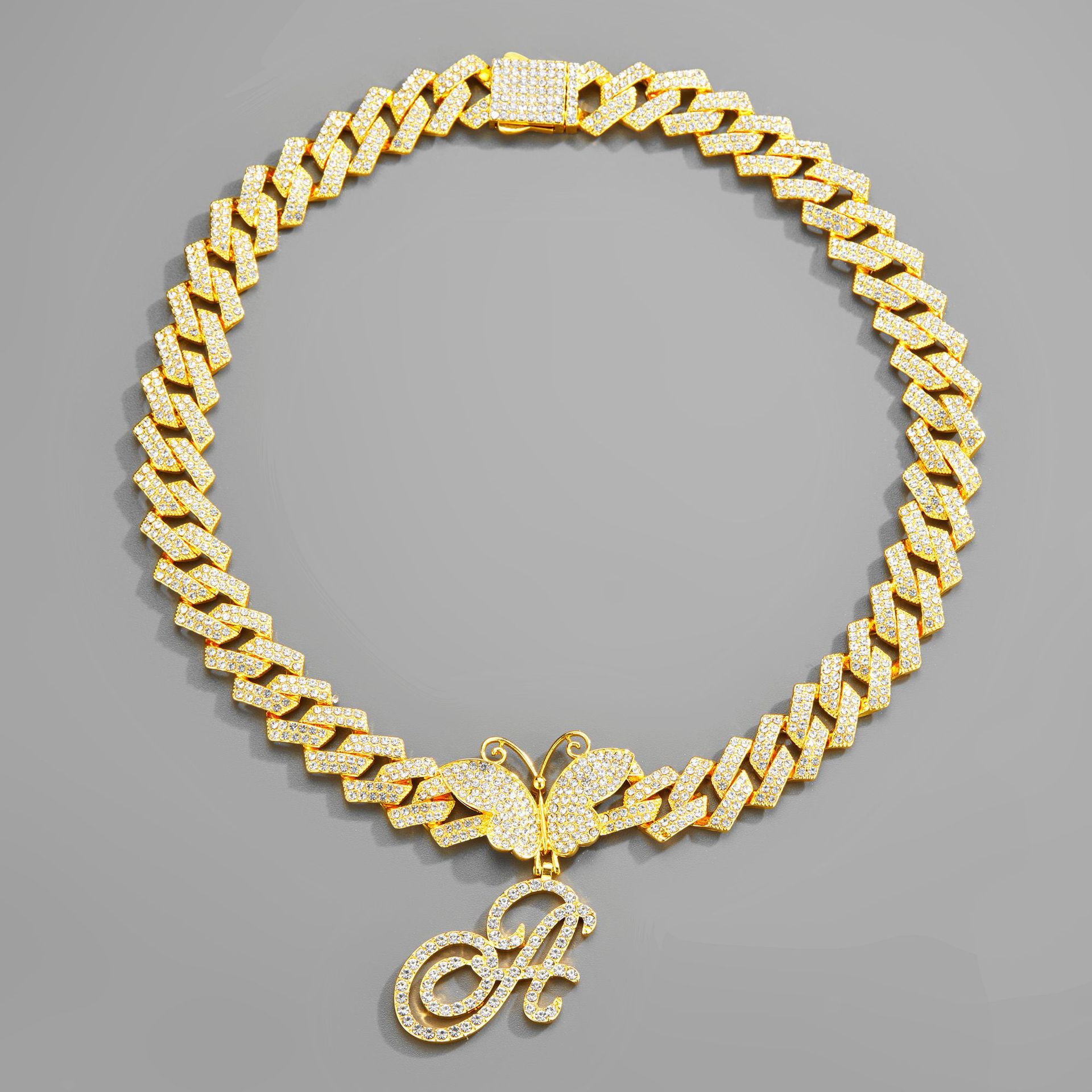 18inch Cuban Chain Butterfly Letter Full Diamond Pendant Cuban Chain Personalized Exaggerated Thick Chain Hiphop Jewelry