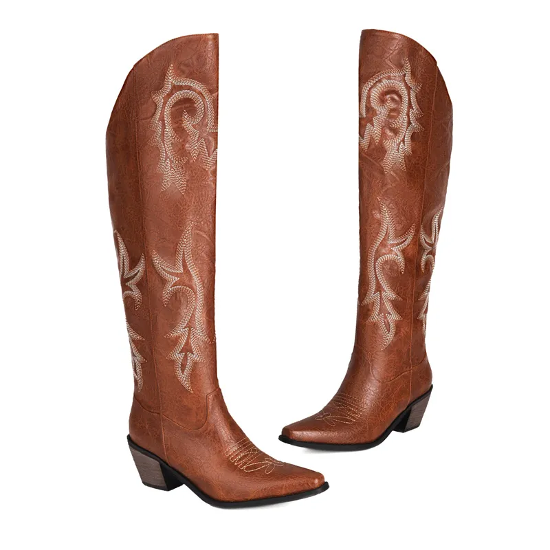 Country Thigh Block Sole Sharp Tip Boots