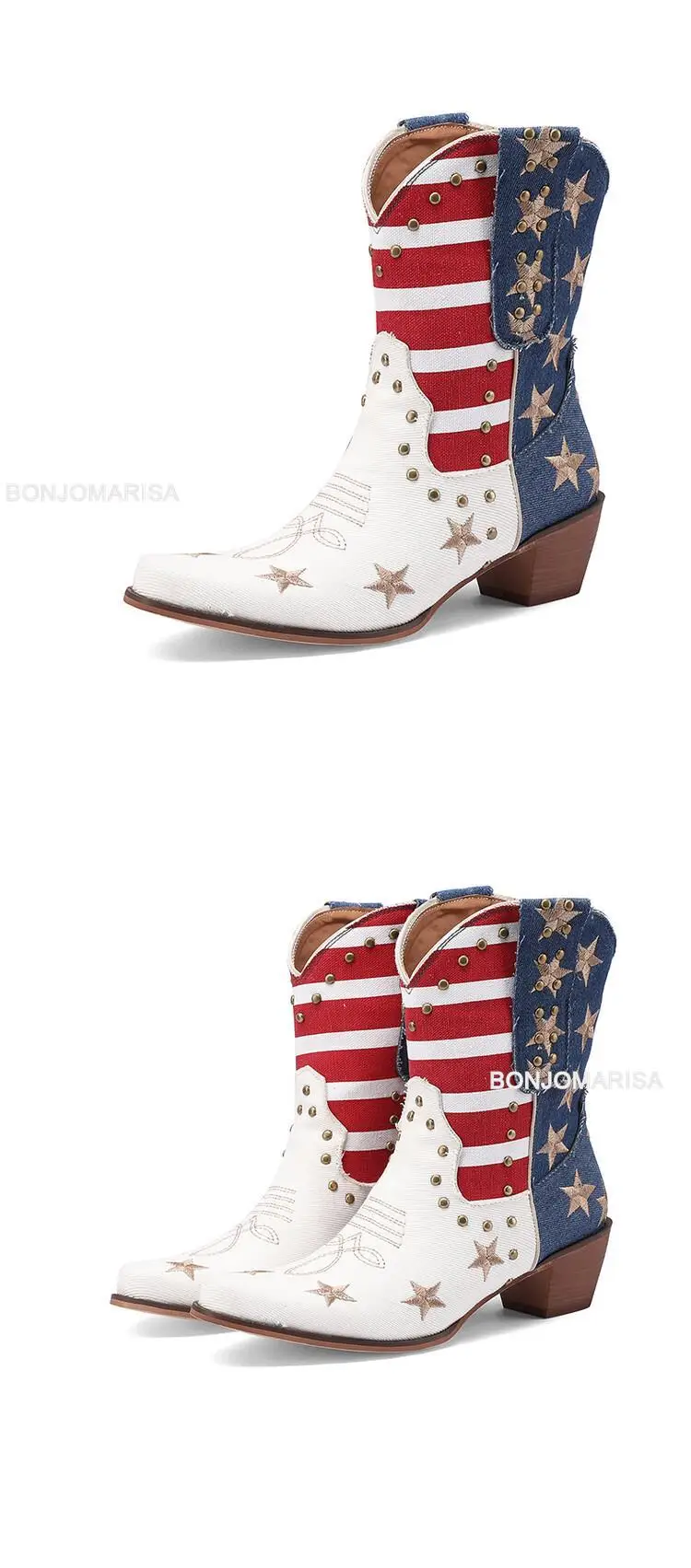 Cowboy Boots For Women Ankle Western Boots Cowgirls Rivet Star Design Fashion Block High Heeled Shoes Pointed Toe