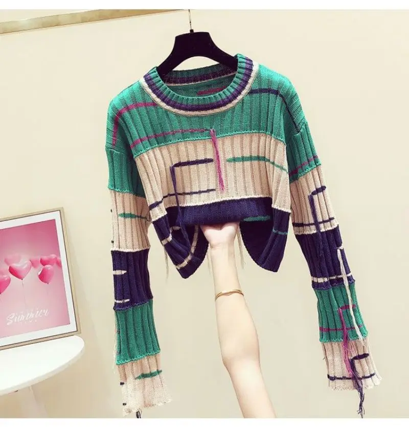 Ladies Colorblock Fringe Crew Collar Sweater