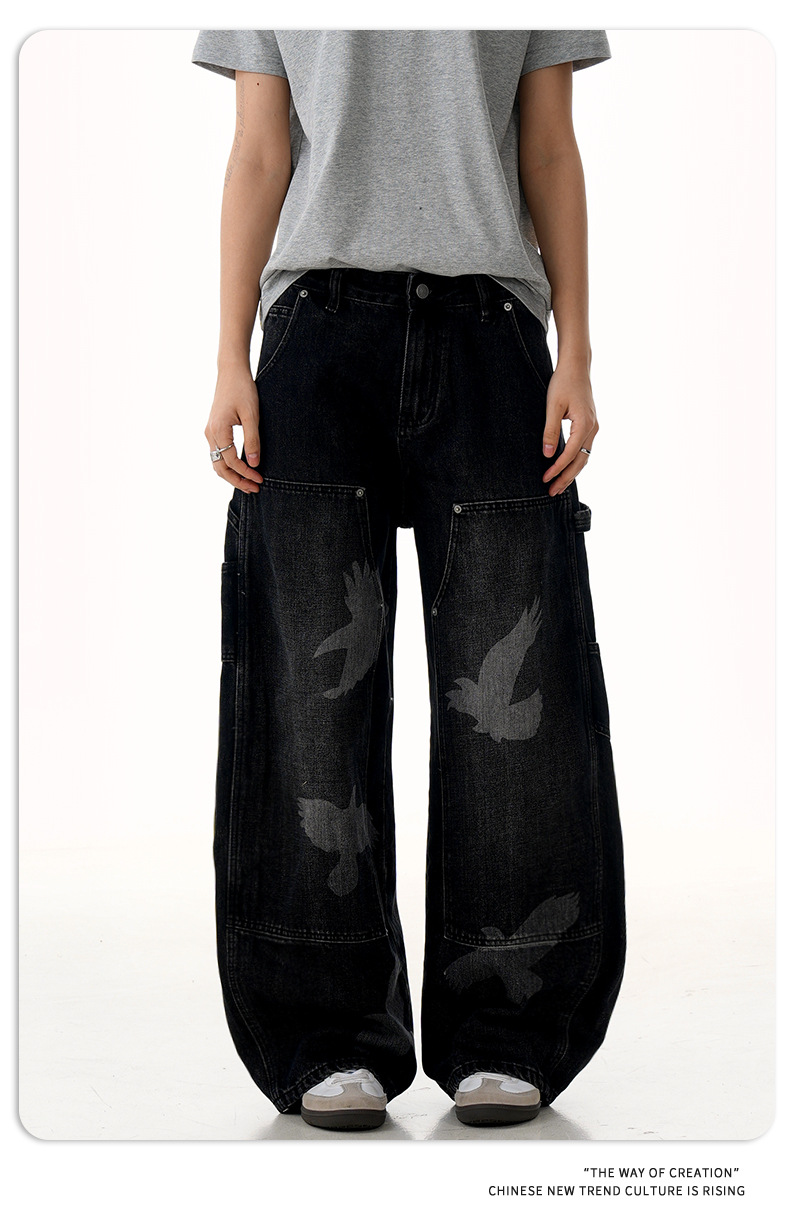 Jeans with Pigeon Pattern for Men and Women, Loose Fit Wide Leg Trousers