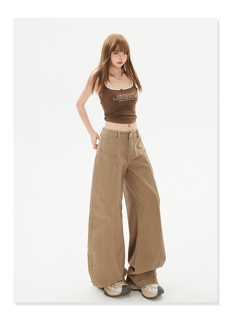 Women's Saber Design Khaki Straight Leg Wide Leg Jeans for Pear-Shaped Body Casual Pants