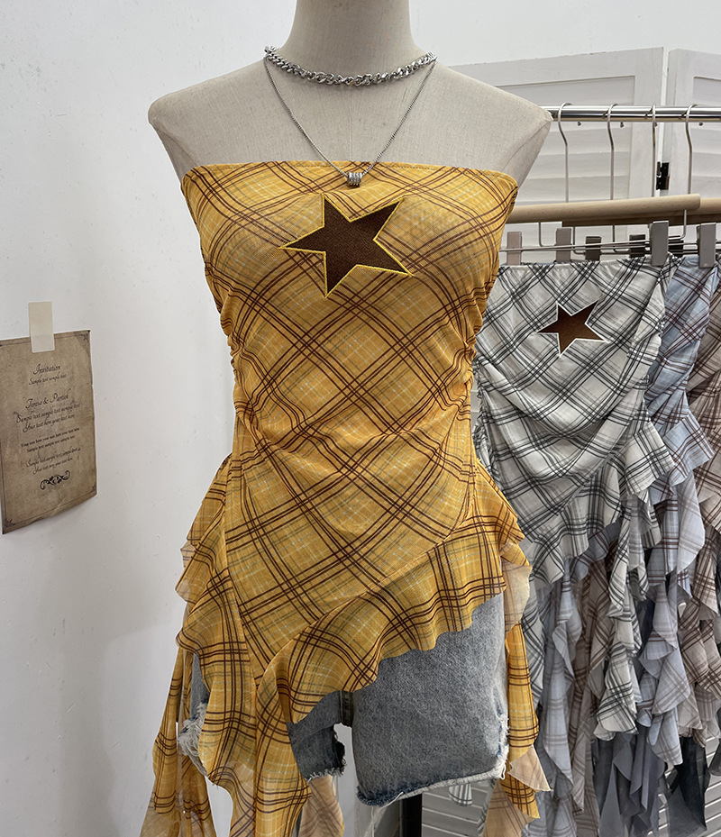 Sultry Asymmetric Plaid Mesh Strapless Top