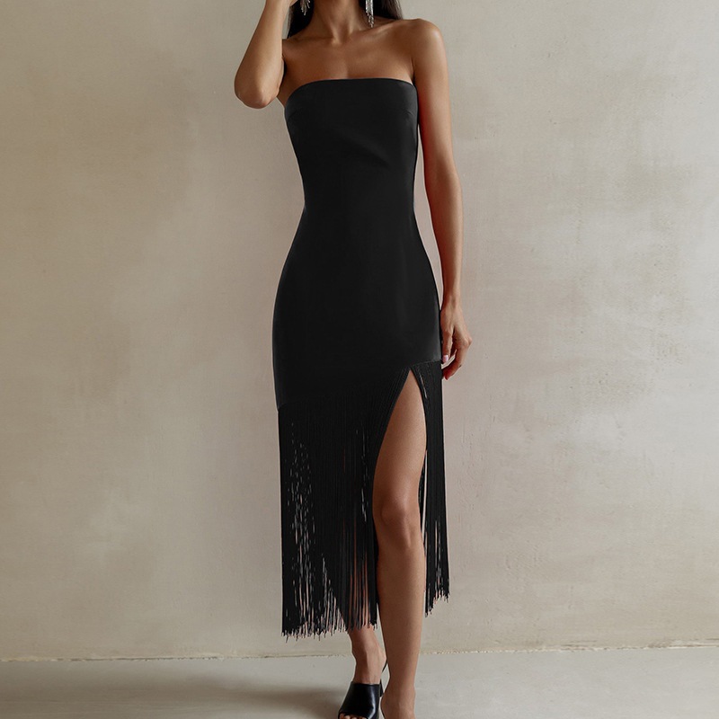 Bodycon Bandeau Fringe Side Split Midi Dress