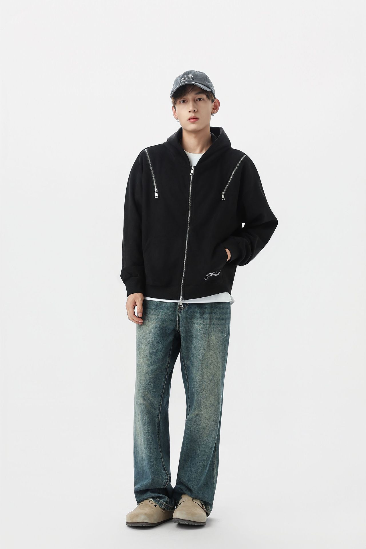 Men Boxy Retro Zip Hood Sweater
