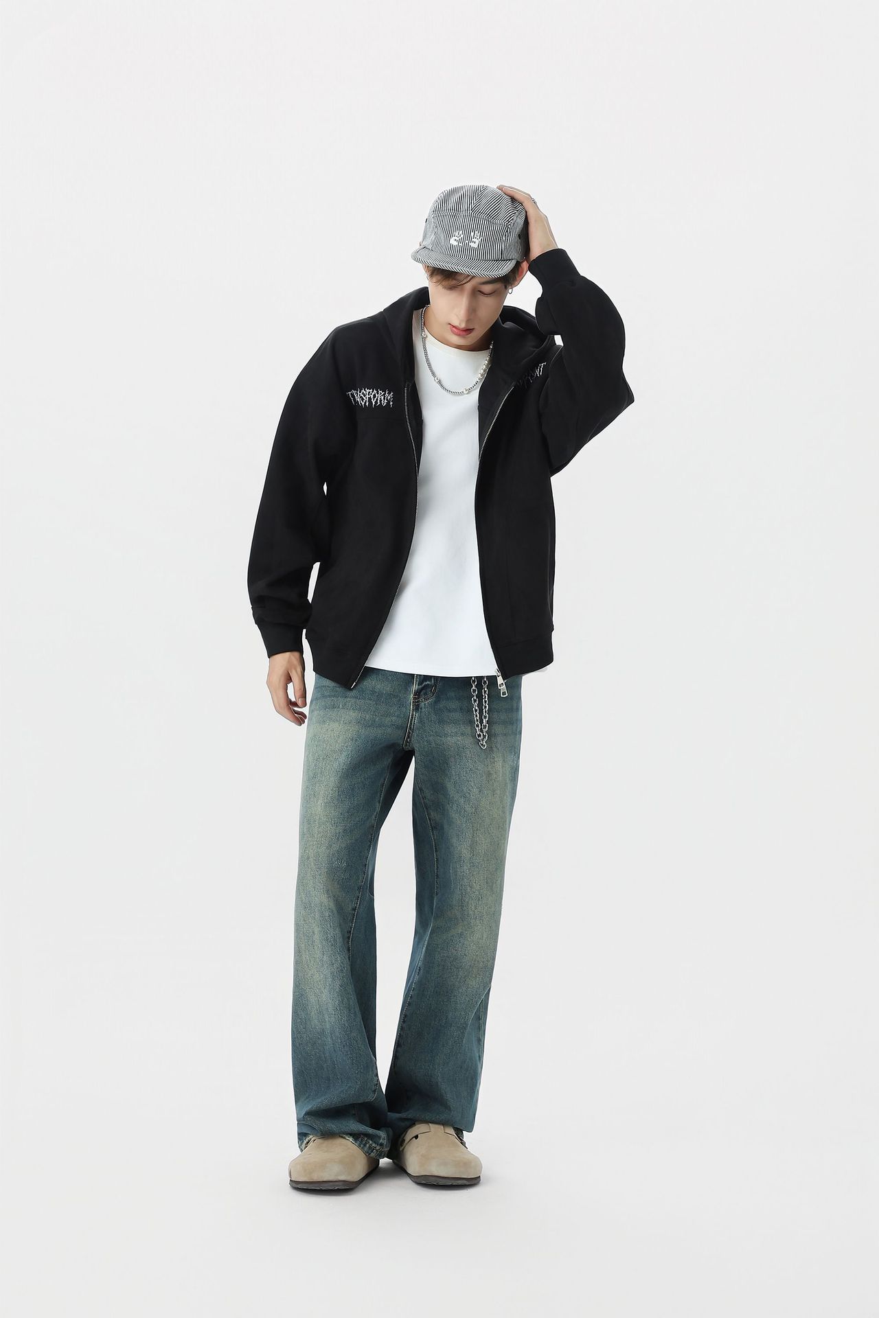 Mens Street Loose Patterned Polyester Hood Sweatshirt