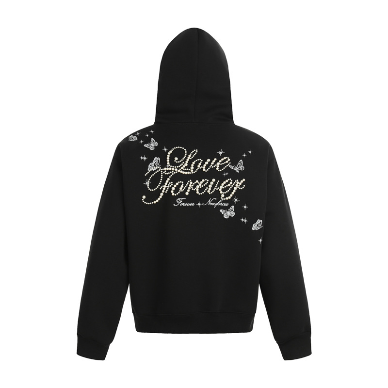 Street Style Letter Beaded Hoodie, Unisex Loose Casual Hooded Sweatshirt