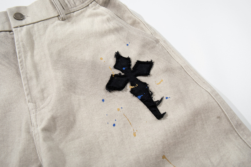 Street Style Luxury Cross Patch Embroidery Color Splatter Hand-painted Straight Leg Hip-hop Loose Jeans