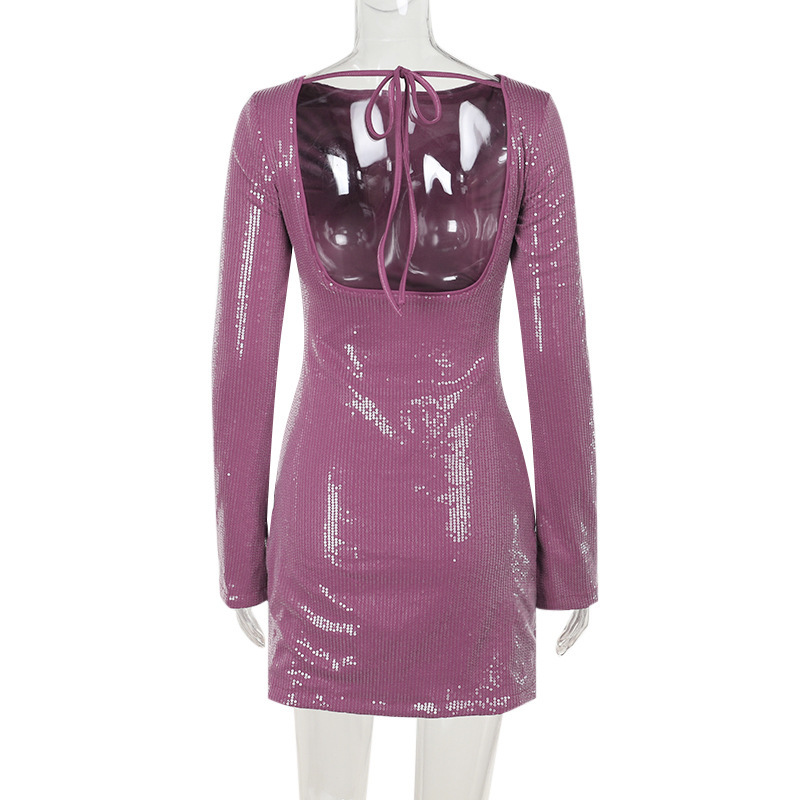 Sparkly Open Back Bodycon Full Sleeve Mini Dress