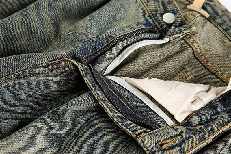 Washed Distressed Unisex Wide Leg Jeans Denim Material