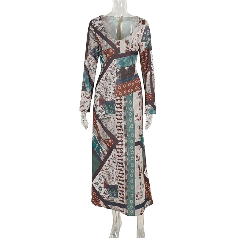 Stretch Vintage Fall Patterned Plunge Long Sleeve Dress
