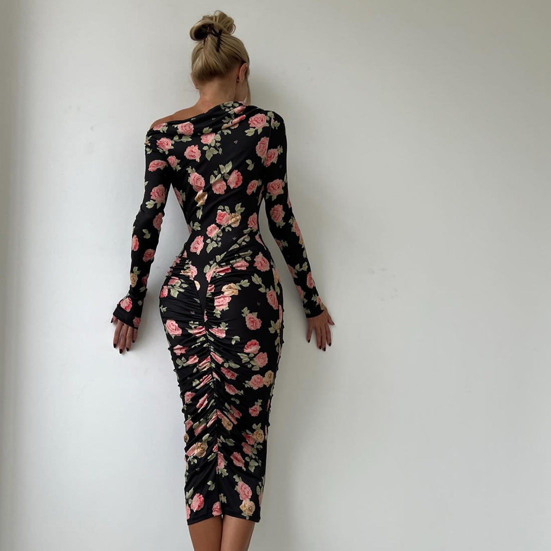 High Waist Asymmetric Full Sleeve Midi Pencil Dress