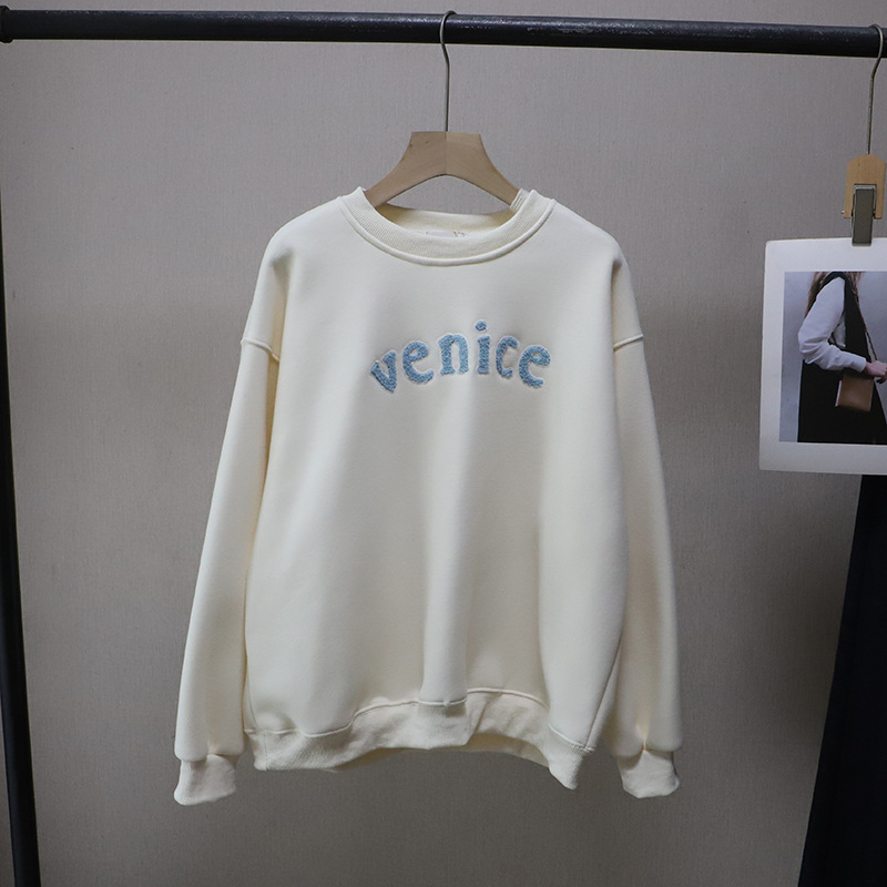 Letter Towel Embroidery Fleece Lined Thick Loose Casual Hoodie for Women