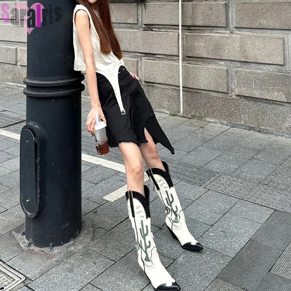 Western Cowboy Mid Calf Women Boots Chunky High Heels Cactus Vintage Cowgirl Long Boots Retro Shoes Woman